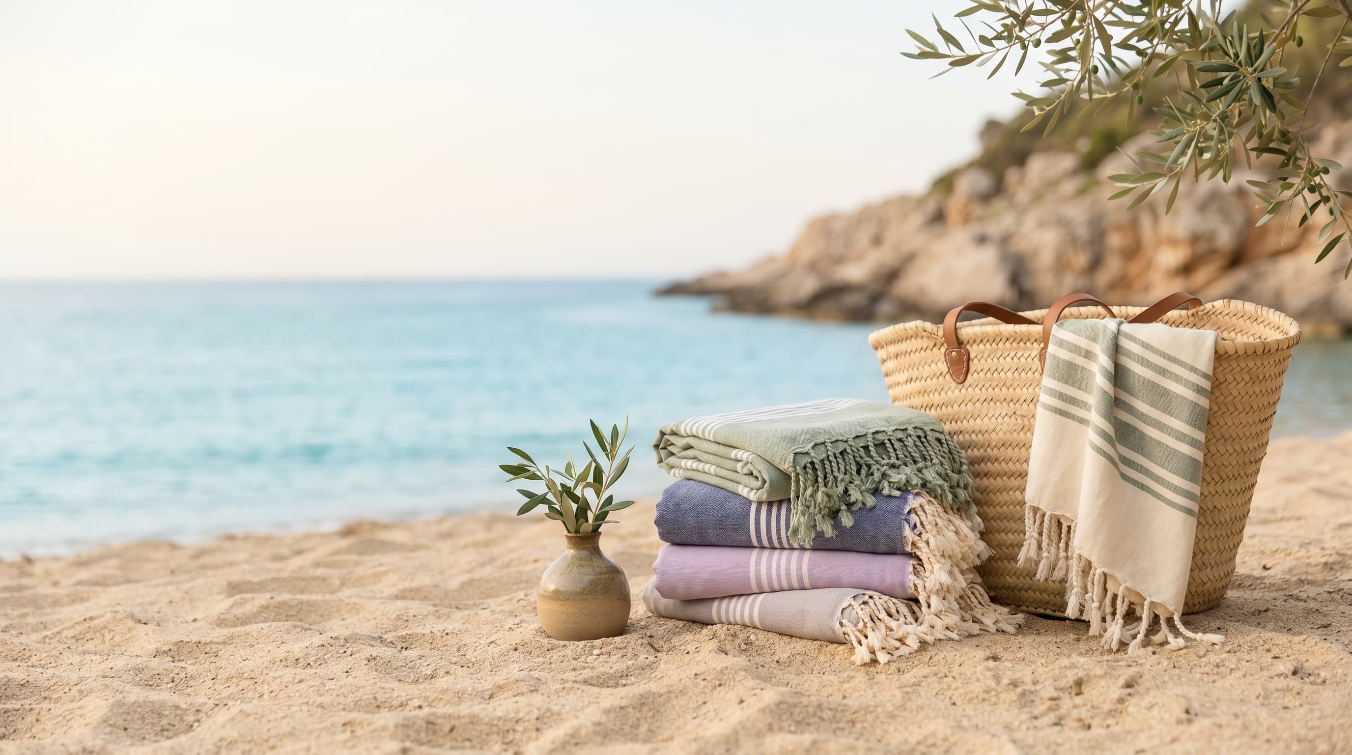 Velune Textiles — folded Aegean peshtemals on the beach