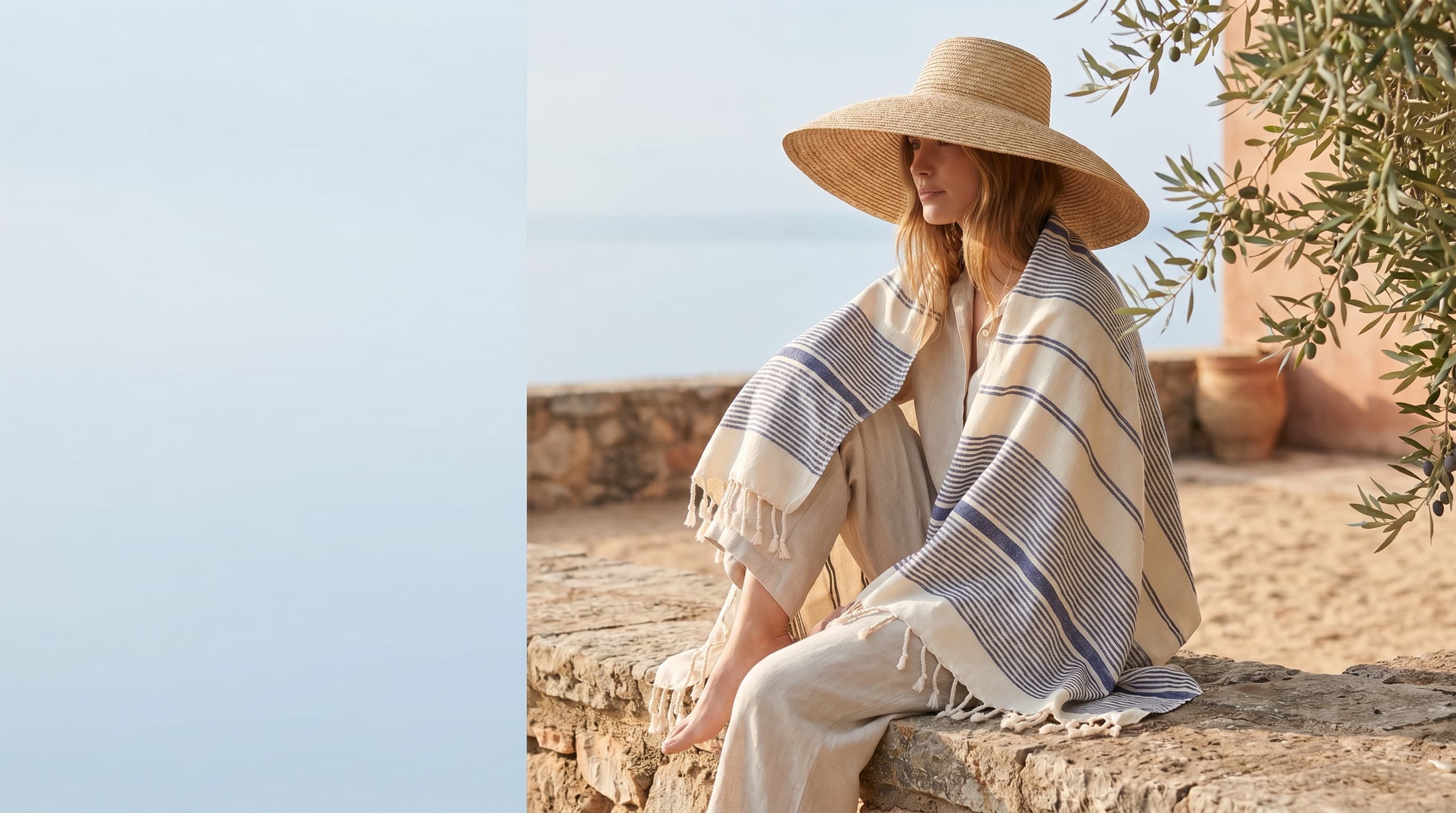 Velune peshtemal styled on an Aegean terrace